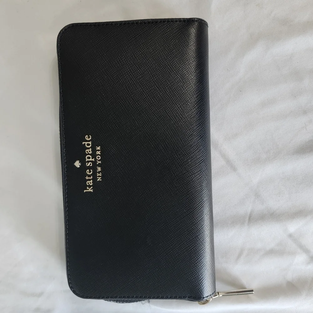 kate spade black zip-around saffiano wallet with gold logo